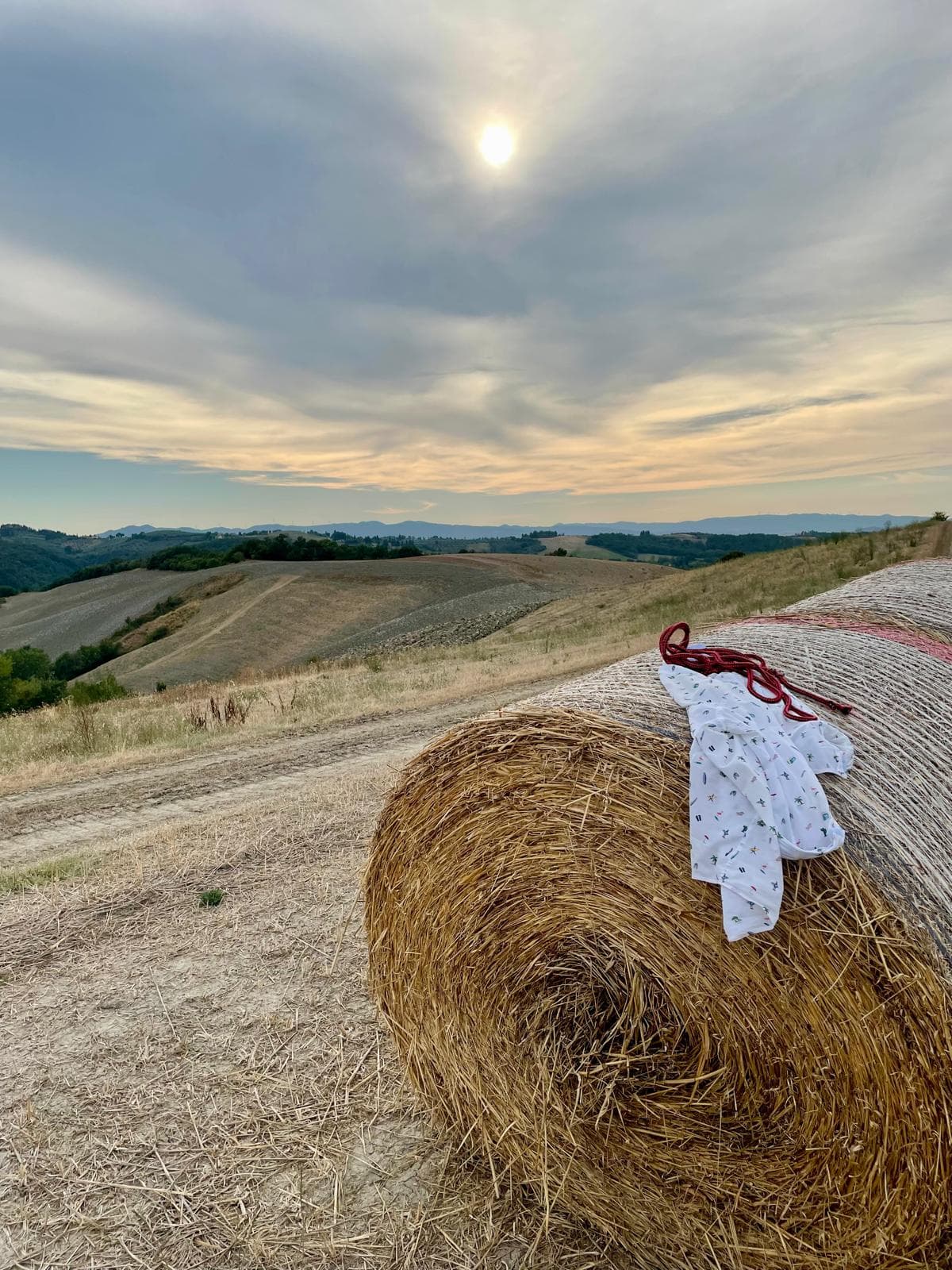 Tuscan countryside at dusk with a hay-bale foreground