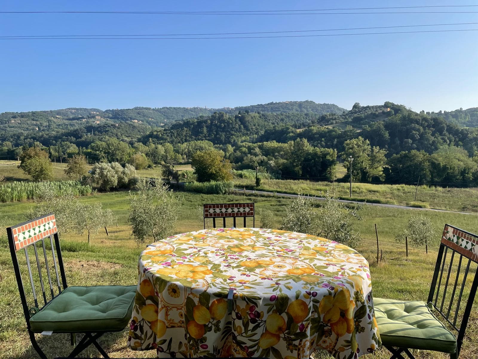 Outdoor dining table with a sweeping Tuscan valley view